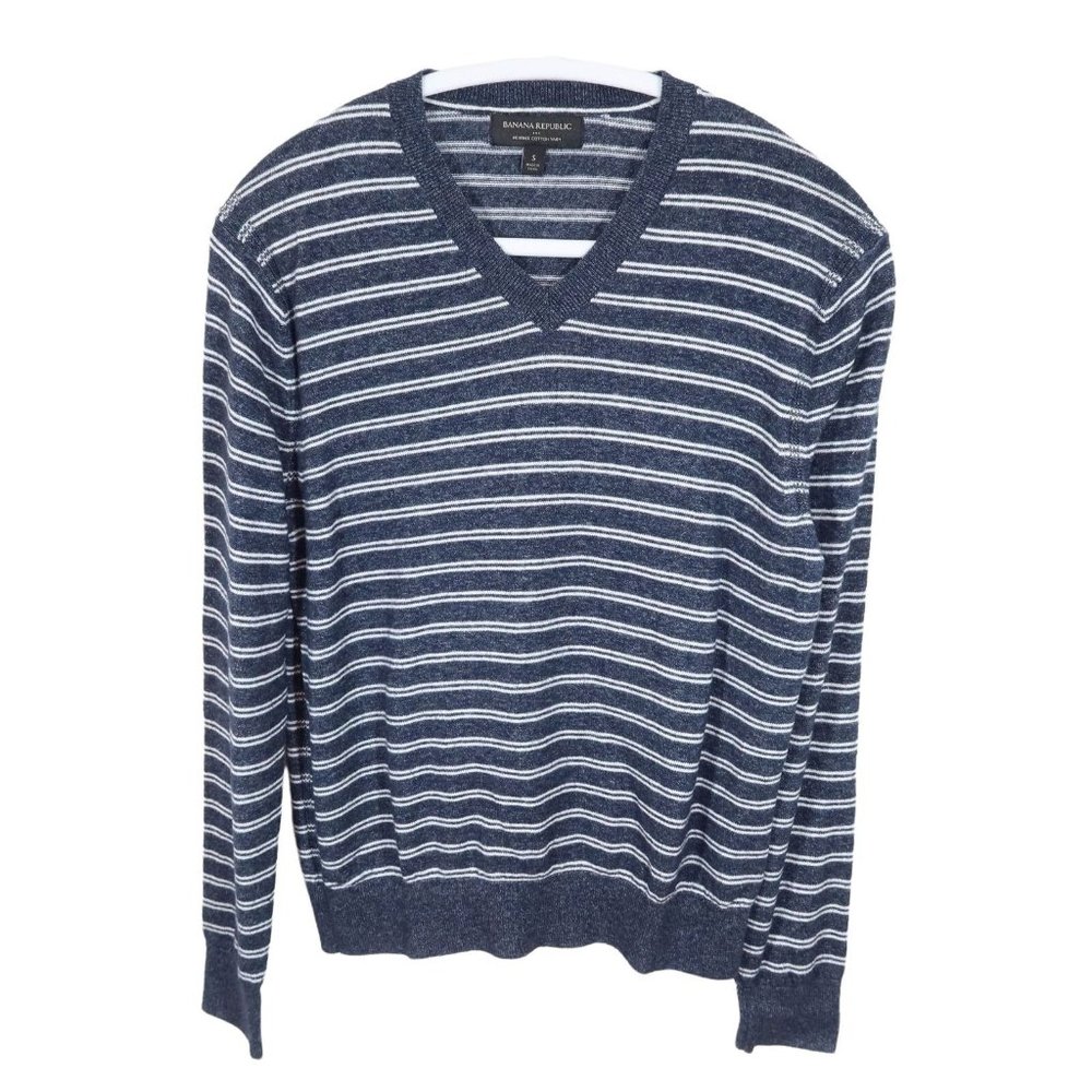 4/$25 BANANA REPUBLIC Size S Navy White Heather Cotton Yarn V Neck Pullover Swea
